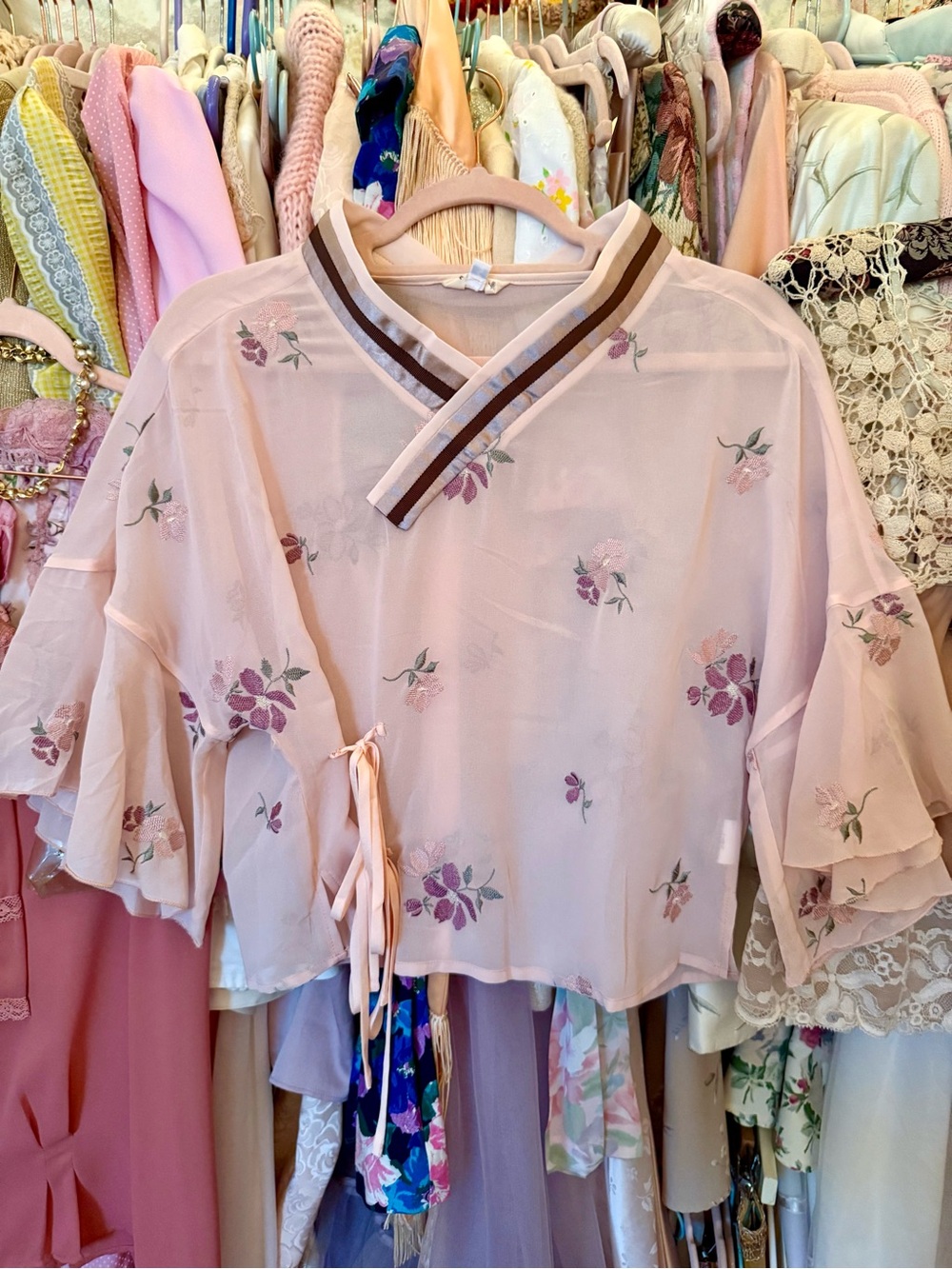 Vintage 00s Pink Chiffon Floral Embroidered Blouse S 💐